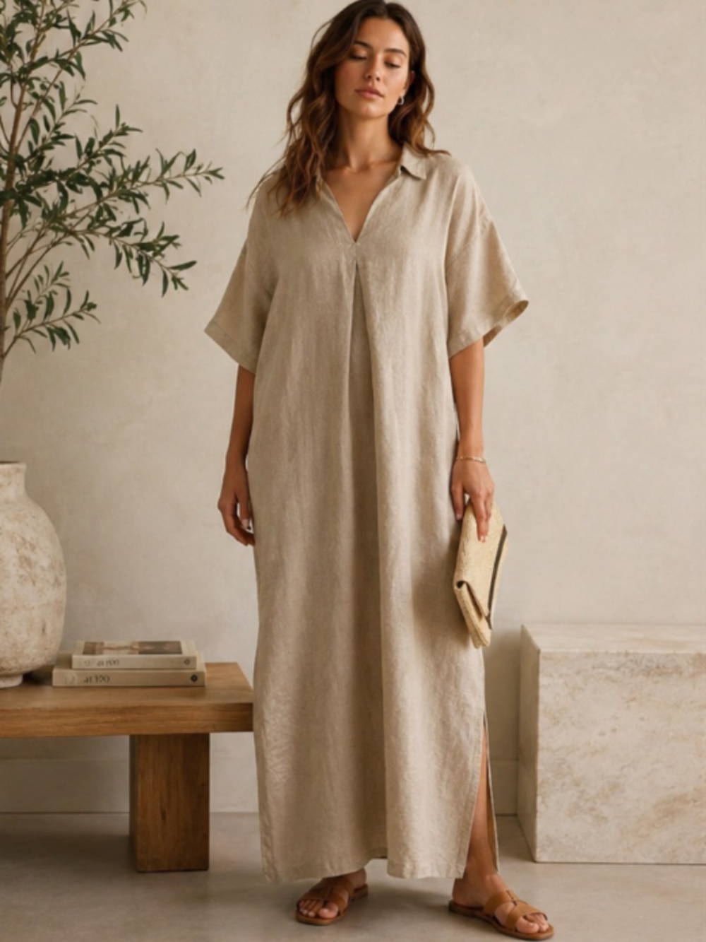 Mirth 100% Linen Tan Kaftan Maxi Dress Resort Coastal Quiet Luxury Size Medium